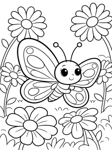 Butterfly Among Flowers Coloring Page – free printable black and white line art