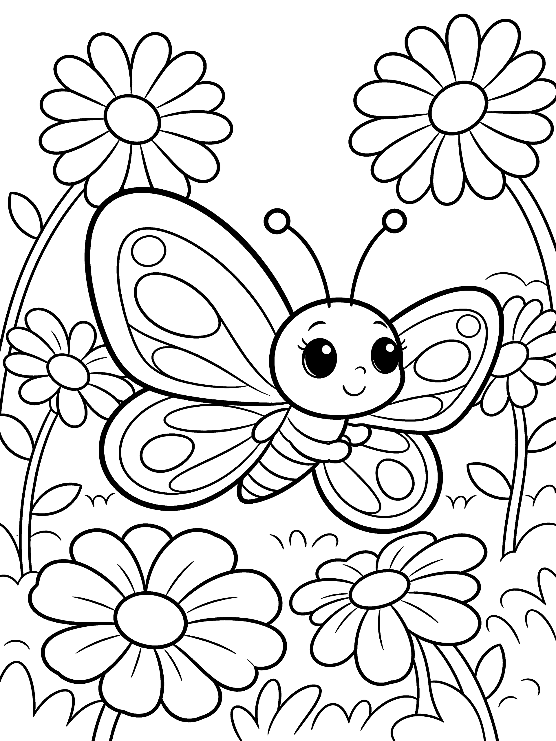 Butterfly Among Flowers Coloring Page – free printable black and white line art