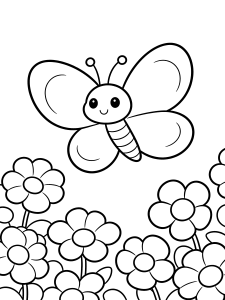Butterfly Flying over a Coloring Page – free printable black and white line art