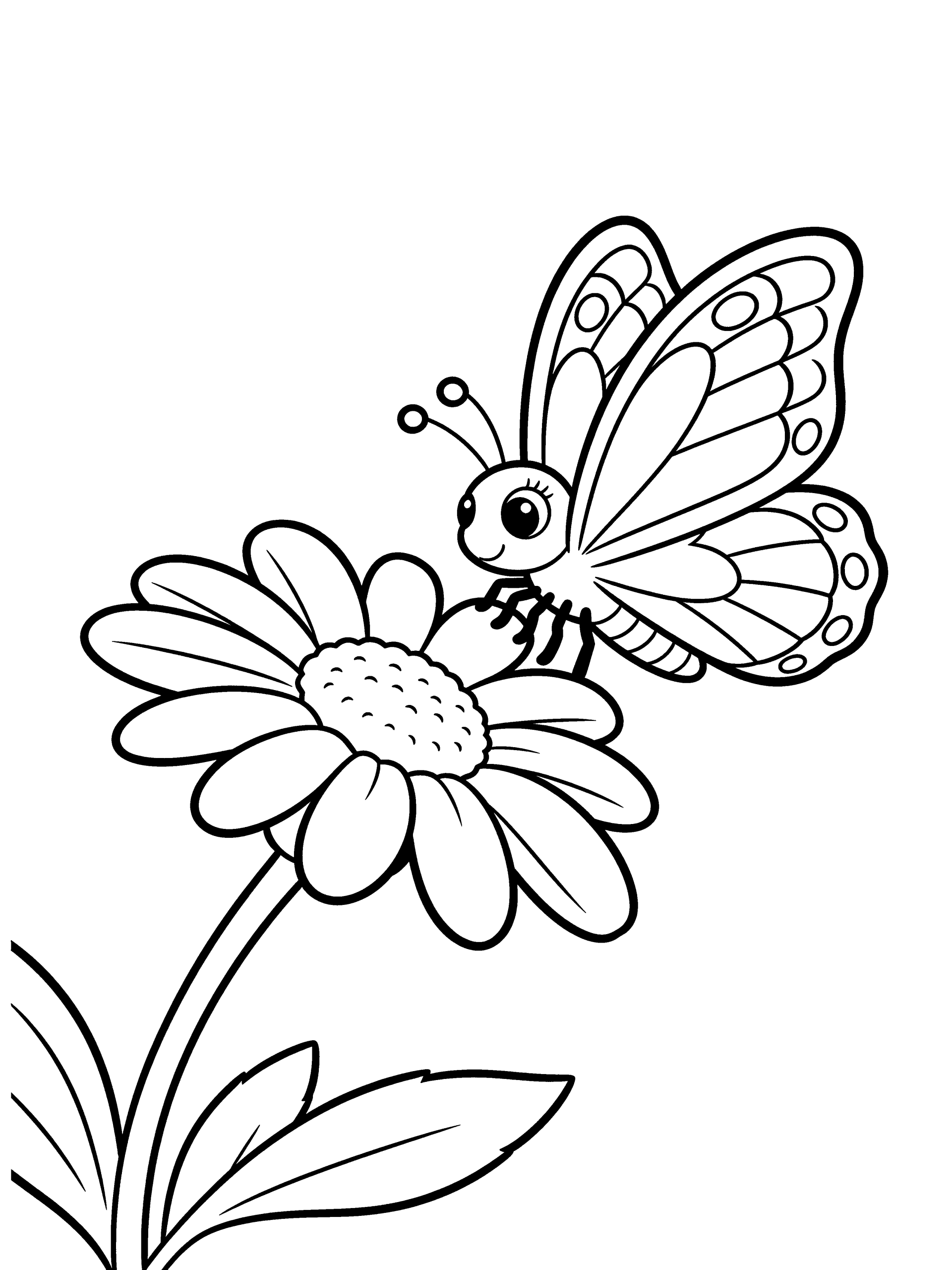 Butterfly Near a Daisy Coloring Page – free printable black and white line art