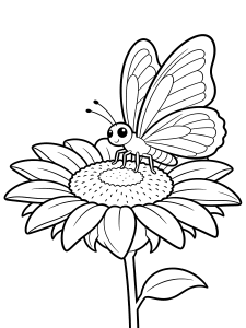 Butterfly on a Sunflower Coloring Page – free printable black and white line art
