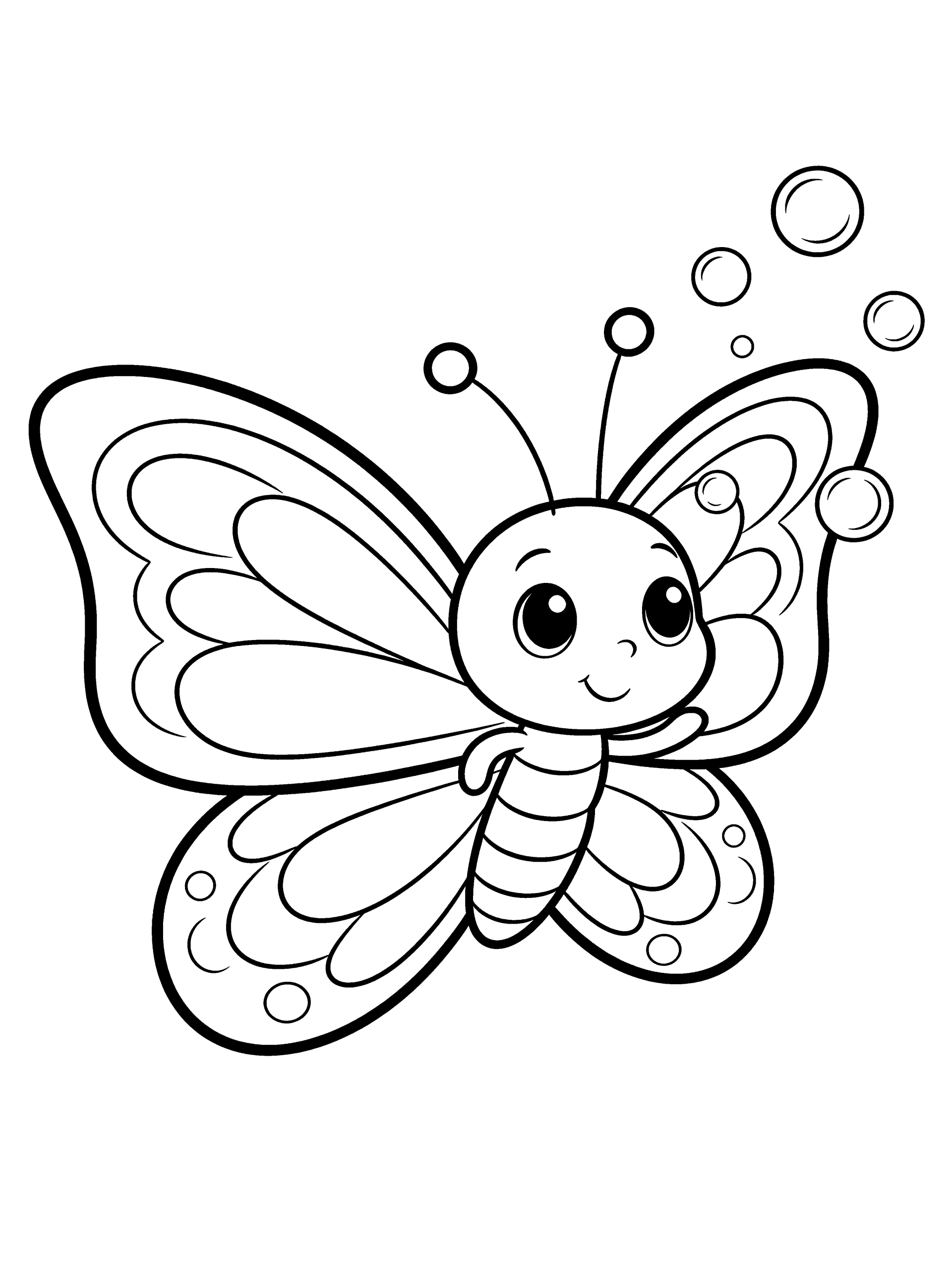Butterfly with Bubbles Coloring Page – free printable black and white line art