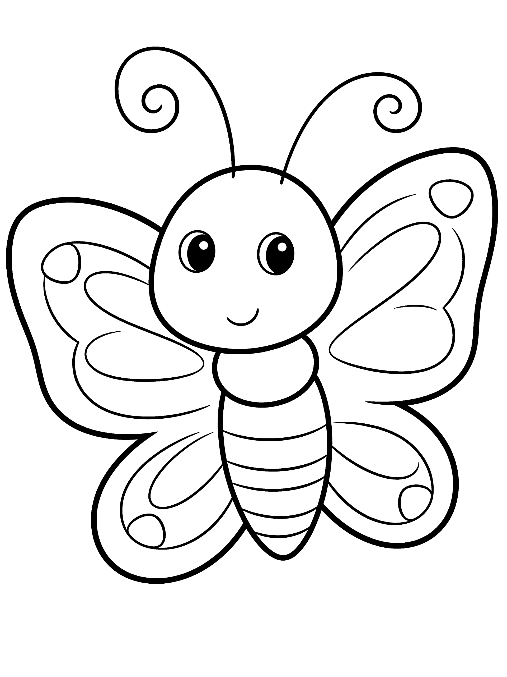 Butterfly with Curly Antennae Coloring Page – free printable black and white line art