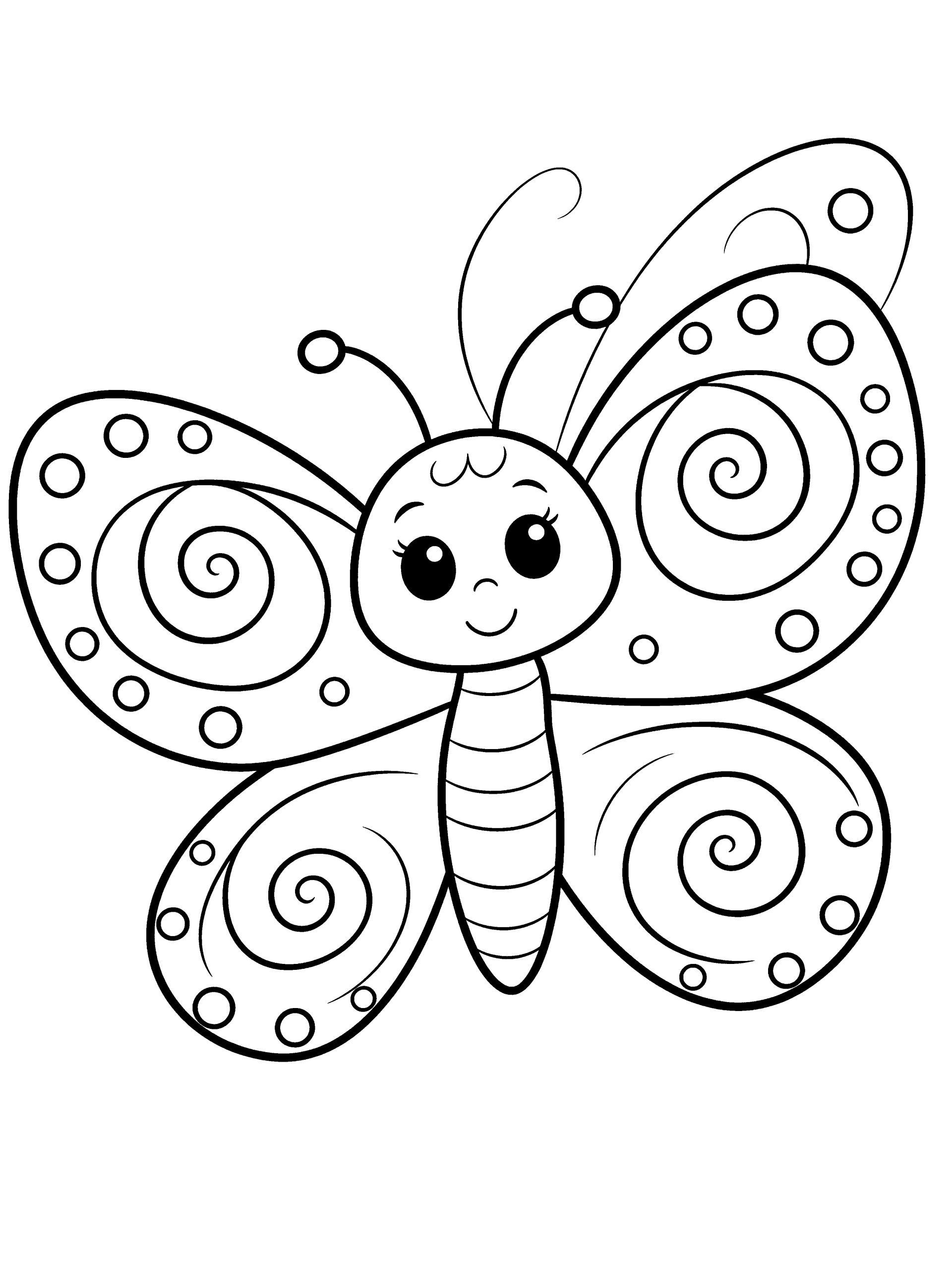 Butterfly with Swirls and Coloring Page – free printable black and white line art