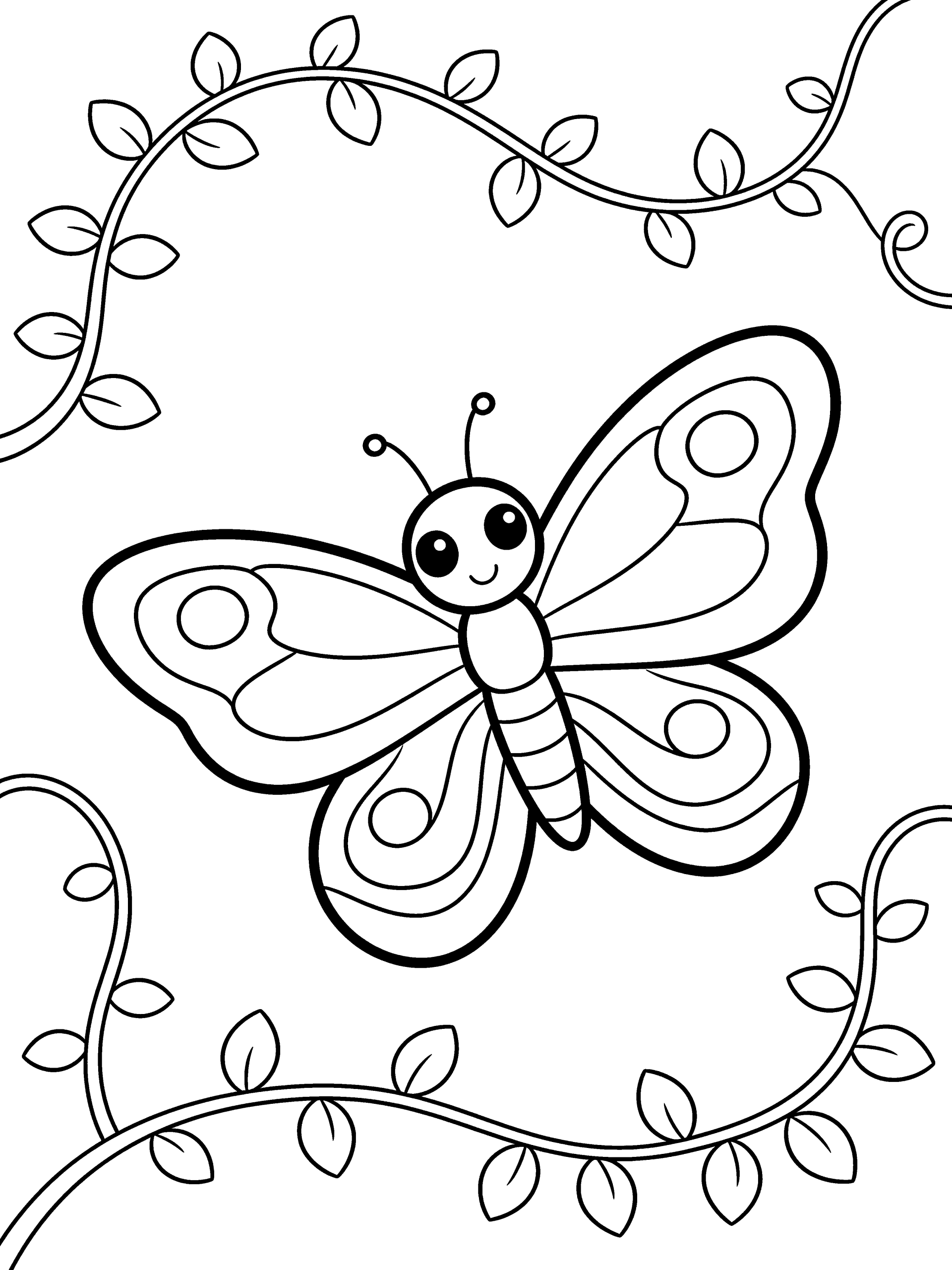 Butterfly with Vines Coloring Page – free printable black and white line art