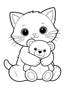 Cat Cuddling a Teddy Coloring Page – free printable black and white line art