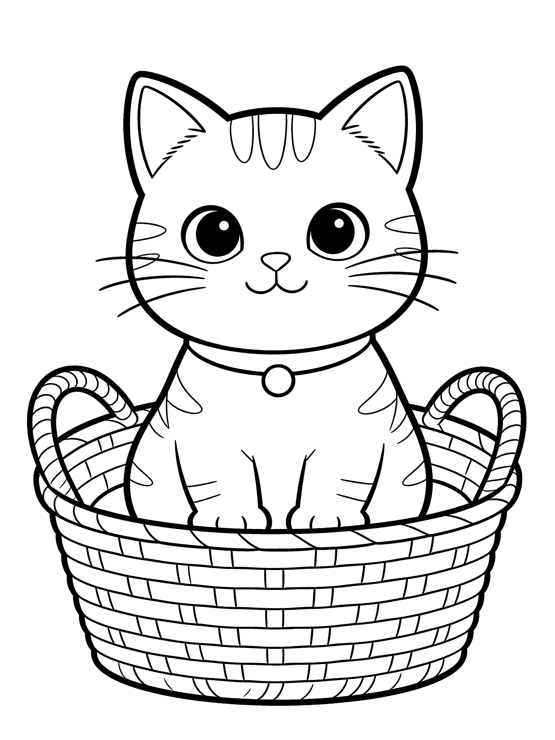 Cat in a Basket Coloring Page – free printable black and white line art
