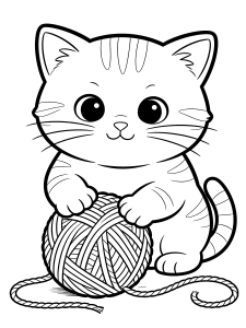 Cat Playing with Yarn Coloring Page – free printable black and white line art