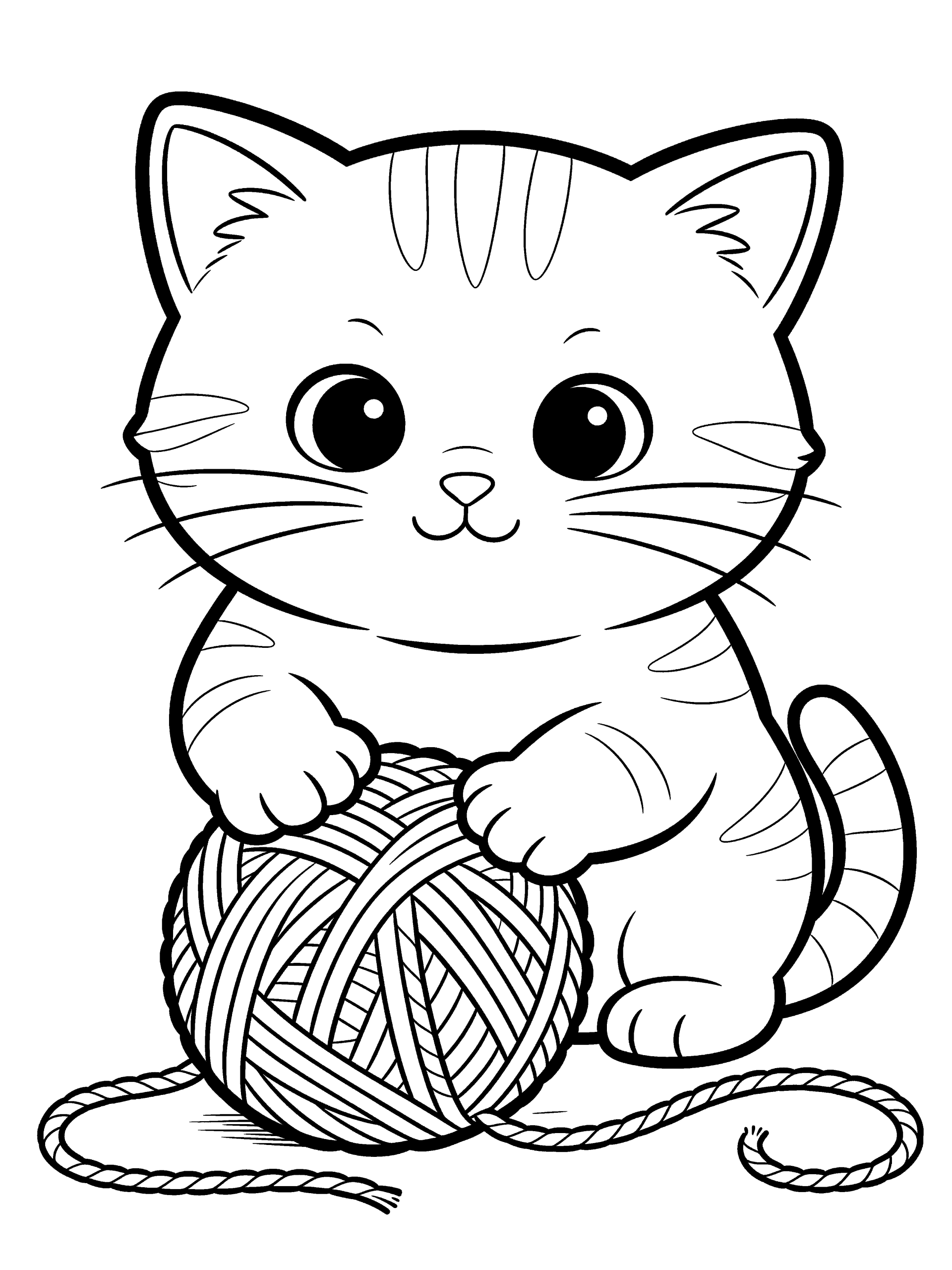 Cat Playing with Yarn Coloring Page – free printable black and white line art