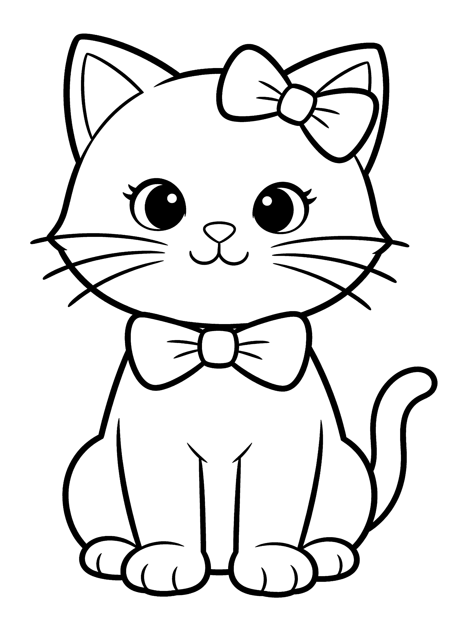 Cat Wearing a Bow Coloring Page – free printable black and white line art