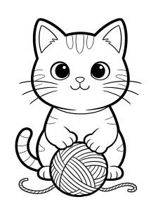 Cat with a Ball Coloring Page – free printable black and white line art