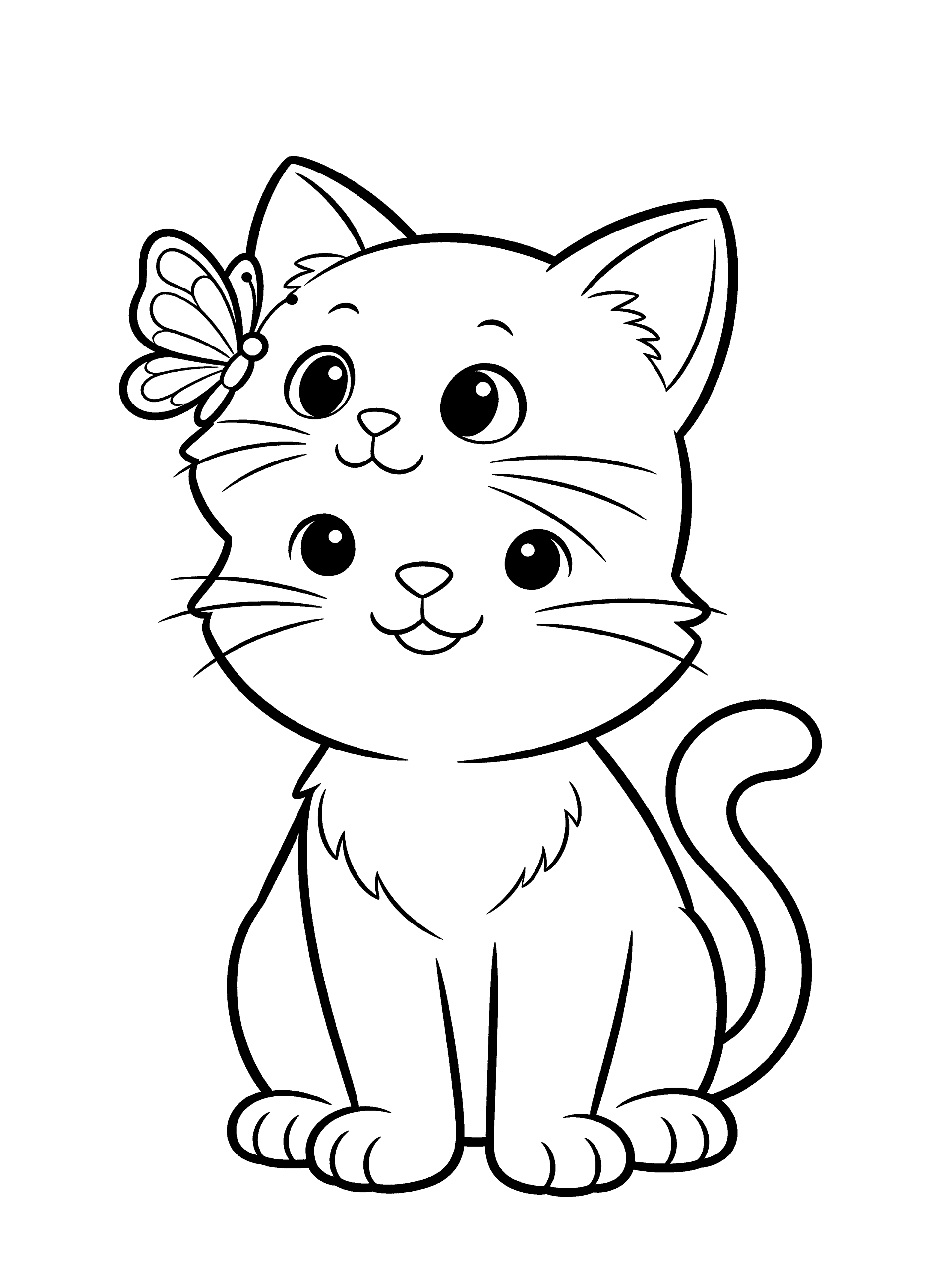 Cat with a Butterfly Coloring Page – free printable black and white line art