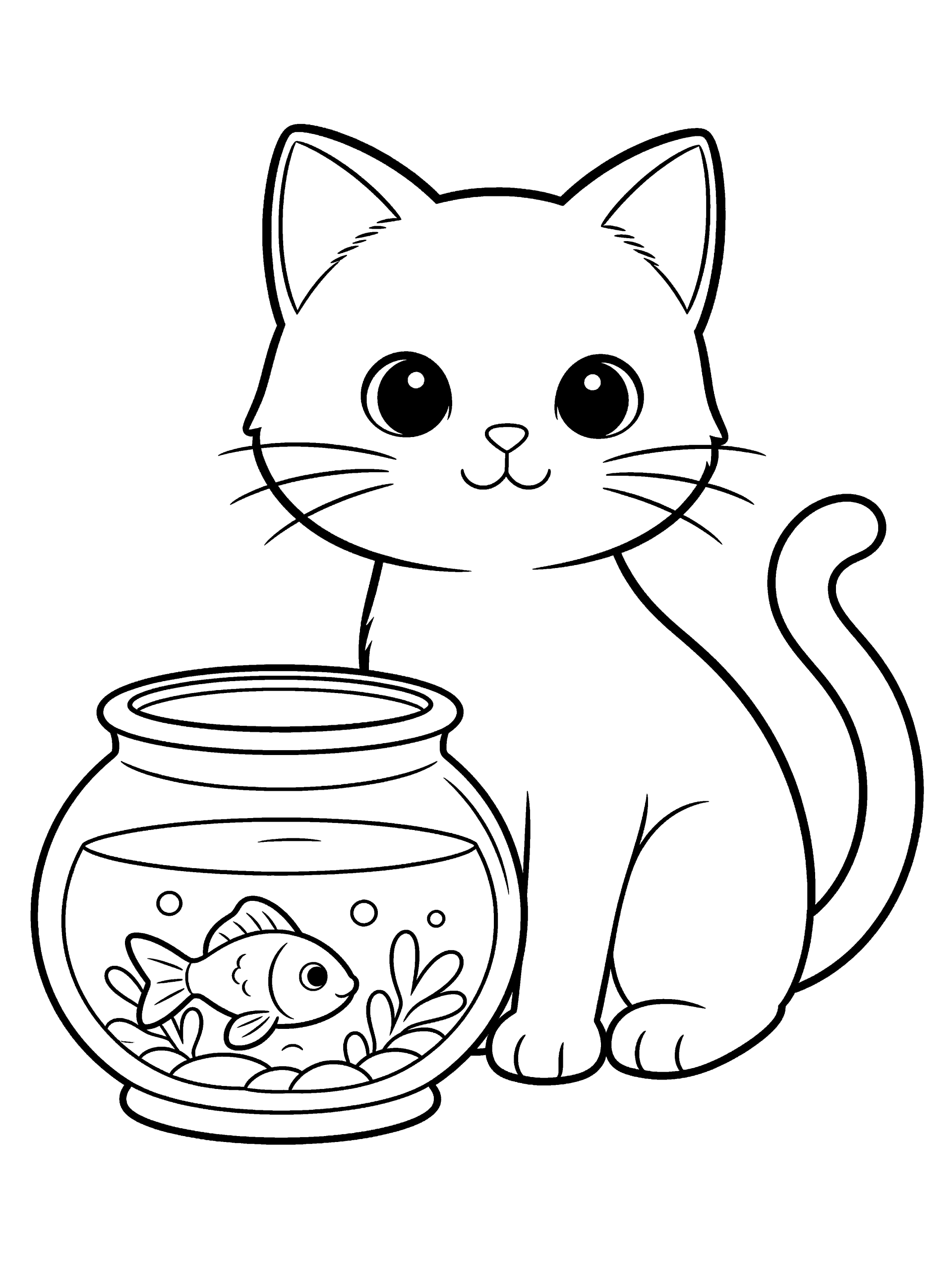 Cat with a Fish Coloring Page – free printable black and white line art
