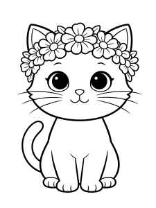 Cat with a Flower Coloring Page – free printable black and white line art