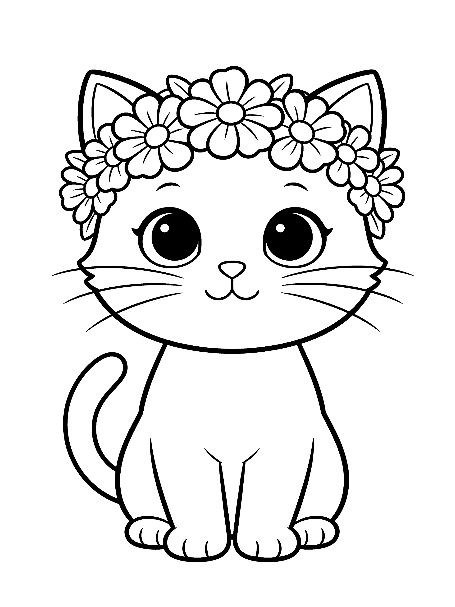 Cat with a Flower Coloring Page – free printable black and white line art