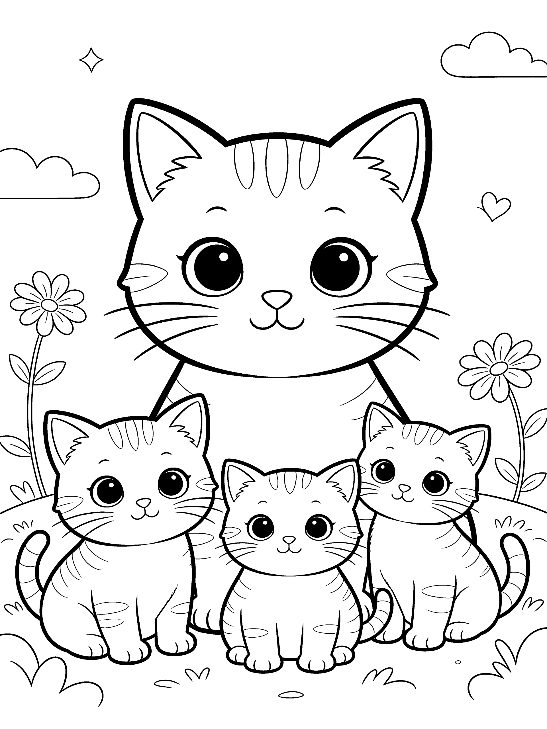 Cat with Kittens Coloring Page – free printable black and white line art