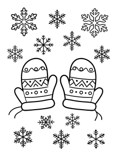 Christmas Mittens and Snowflakes Coloring Page – free printable black and white line art