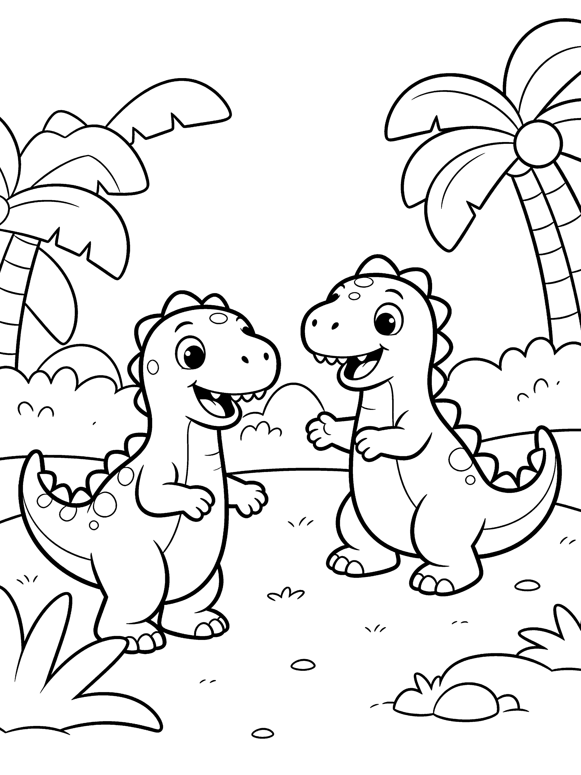 Dinosaur Two Dinosaurs Playing Coloring Page – free printable black and white line art