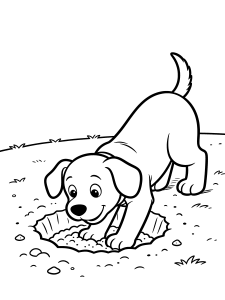 Dog Digging a Hole Coloring Page – free printable black and white line art
