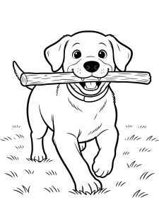 Dog Fetching a Stick Coloring Page – free printable black and white line art