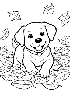 Dog Playing in Leaves Coloring Page – free printable black and white line art