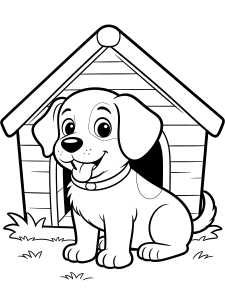 Dog with a Doghouse Coloring Page – free printable black and white line art