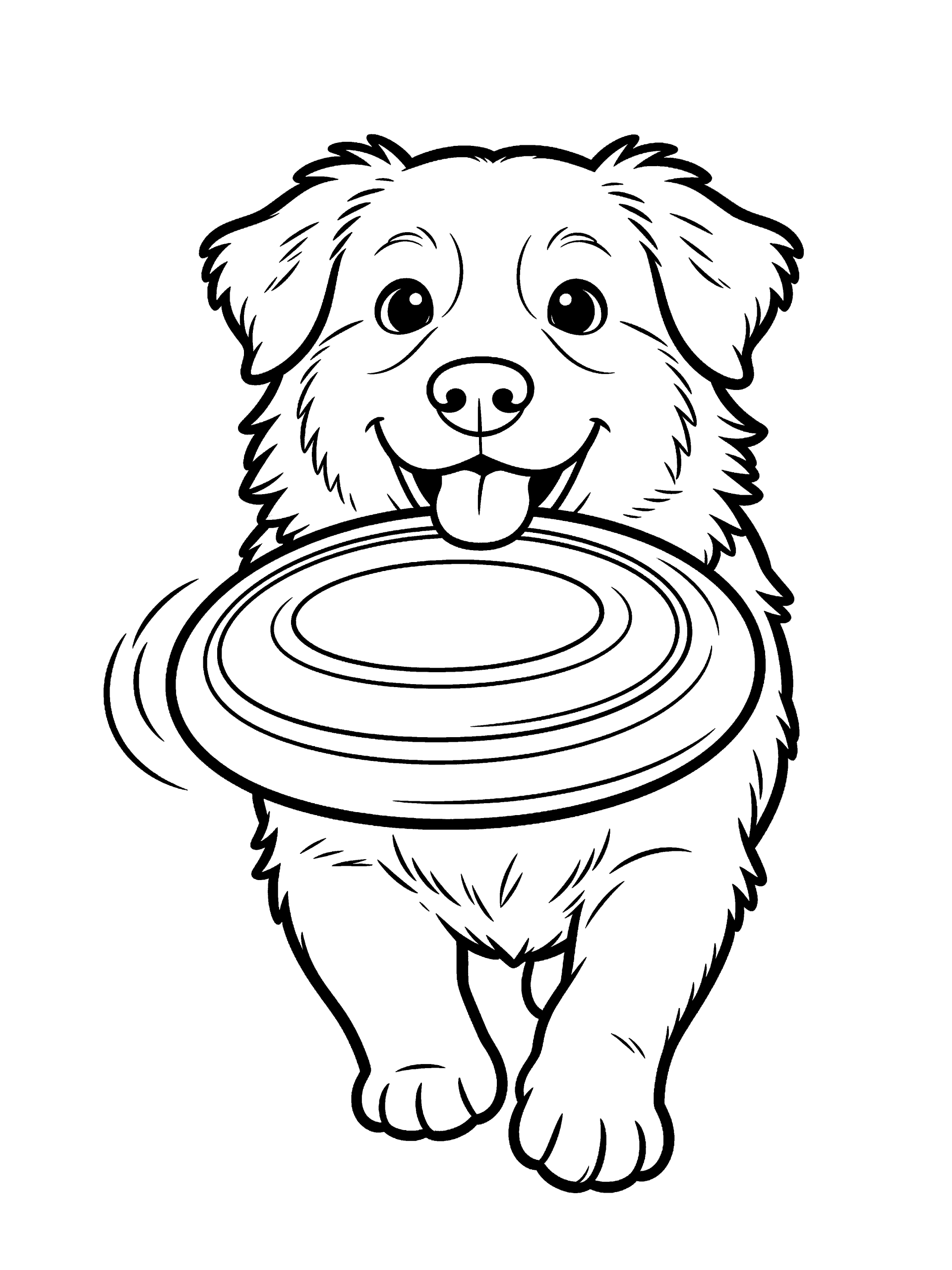 Dog with a Frisbee Coloring Page – free printable black and white line art