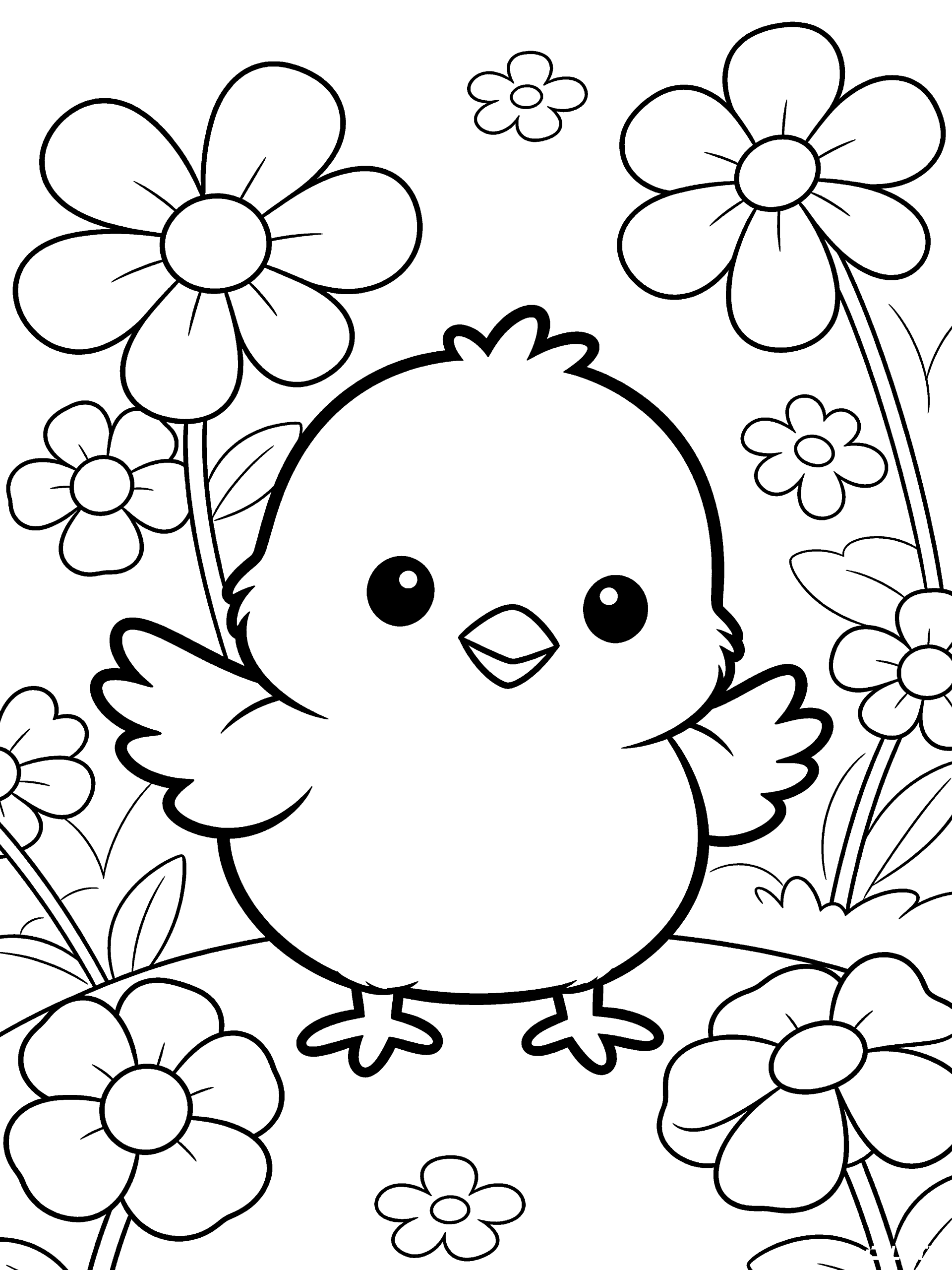 Easter Chick with Flowers Coloring Page – free printable black and white line art