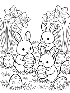 Easter Egg Hunt Scene Coloring Page – free printable black and white line art