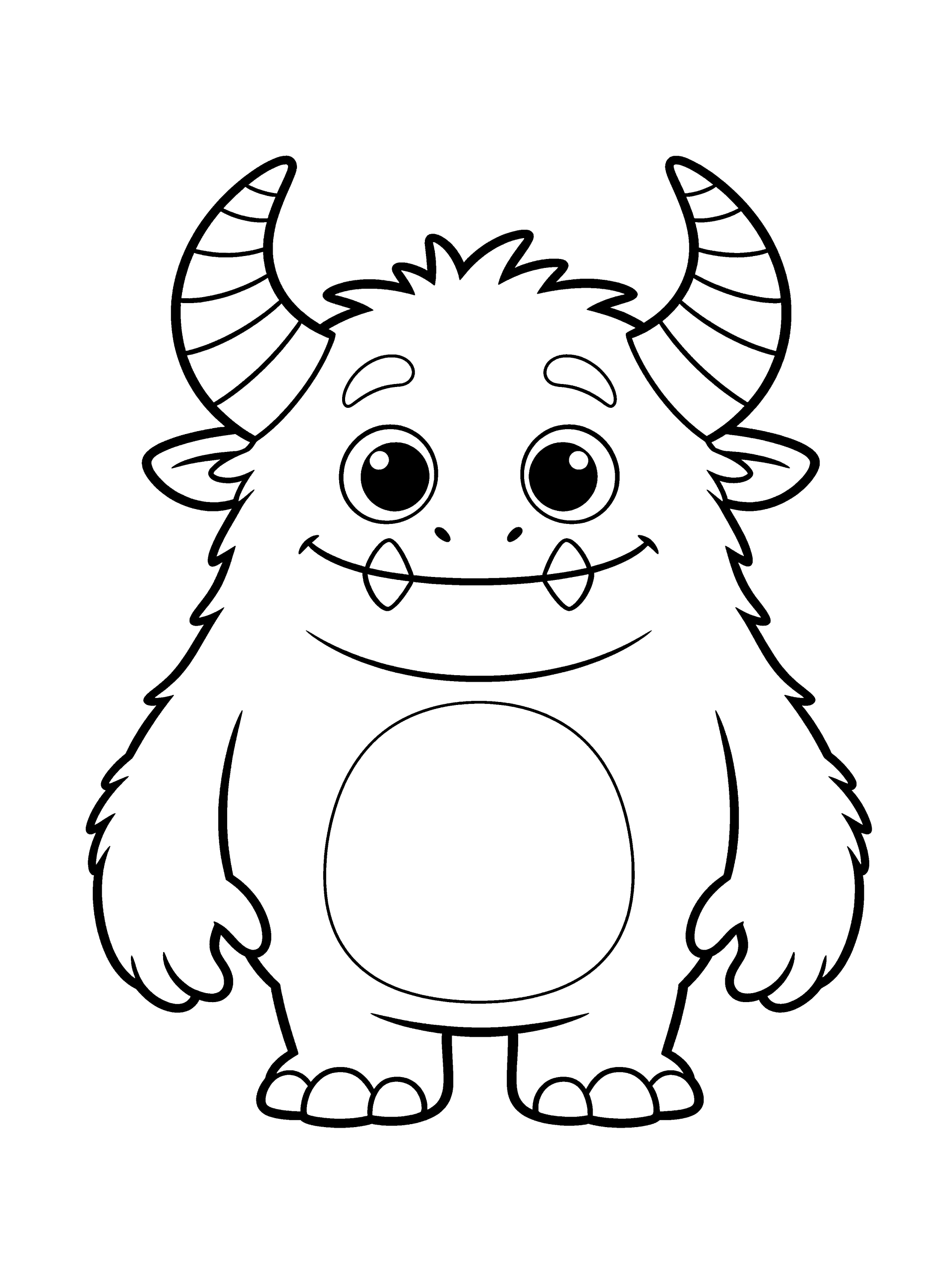 Halloween Monster with Horns Coloring Page – free printable black and white line art