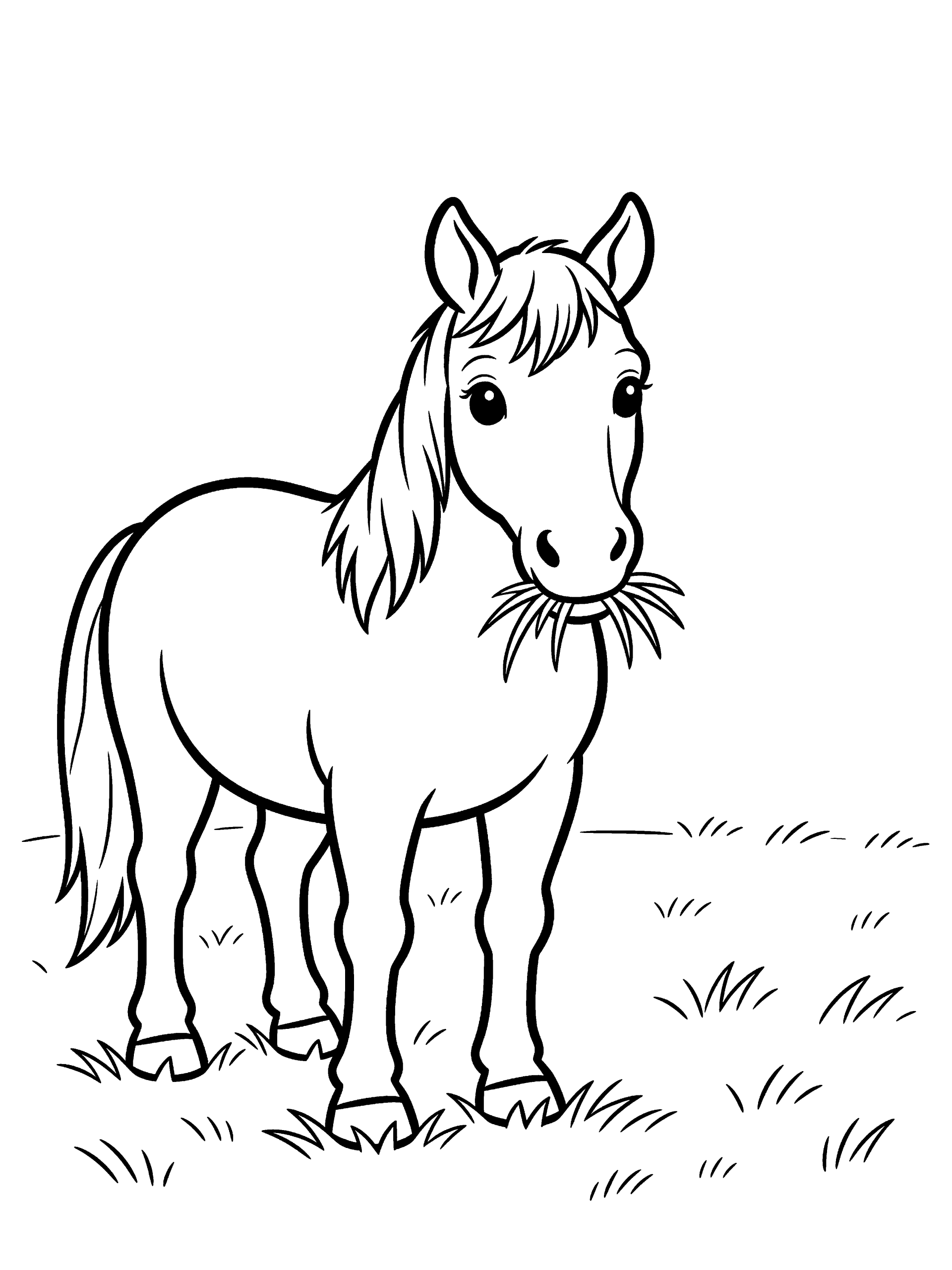 Horse Eating Grass Coloring Page – free printable black and white line art