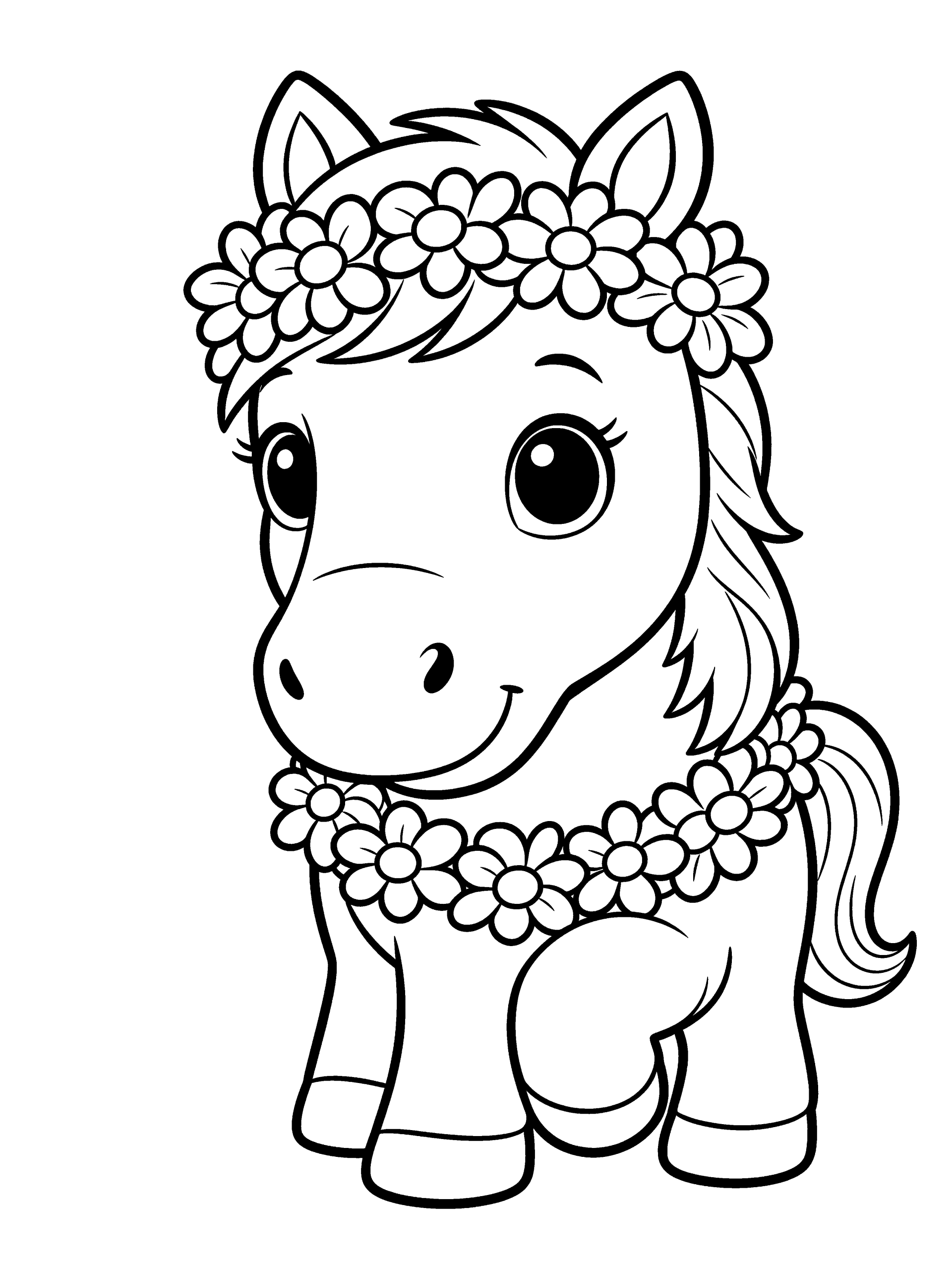 Horse with a Flower Coloring Page – free printable black and white line art
