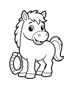 Horse with a Horseshoe Coloring Page – free printable black and white line art