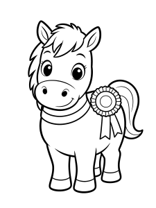 Horse with a Ribbon Coloring Page – free printable black and white line art