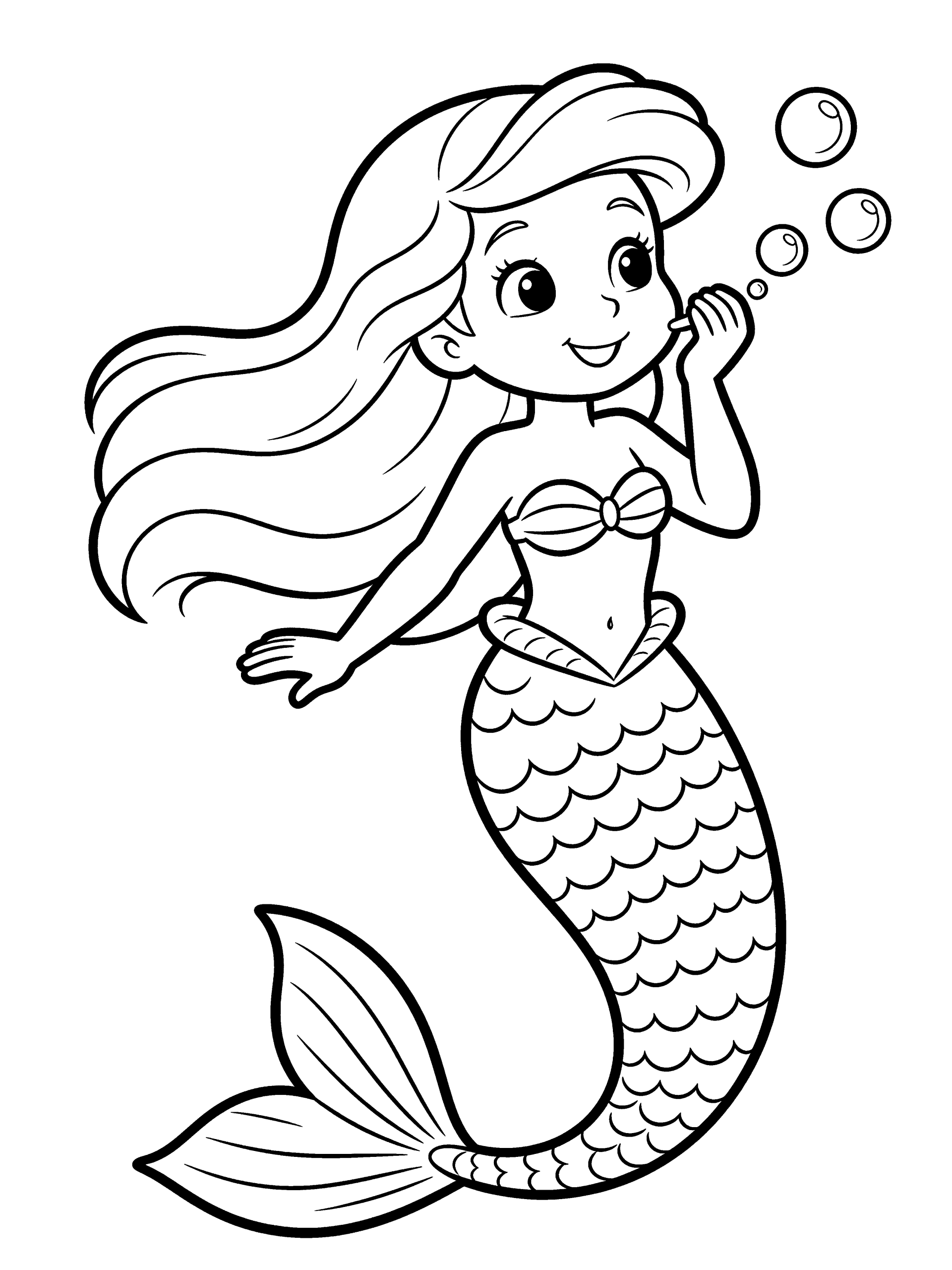 Mermaid Blowing Bubbles Coloring Page – free printable black and white line art