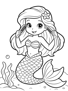 Mermaid Combing Her Hair Coloring Page – free printable black and white line art