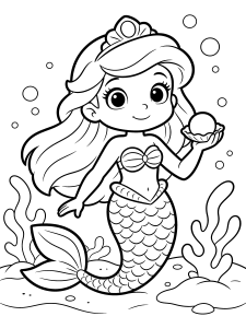 Mermaid Holding a Pearl Coloring Page – free printable black and white line art