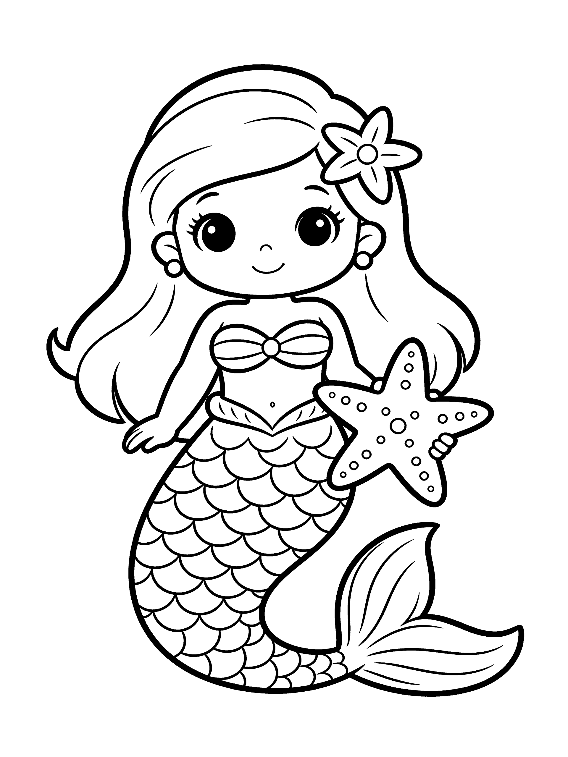 Mermaid Holding a Starfish Coloring Page – free printable black and white line art