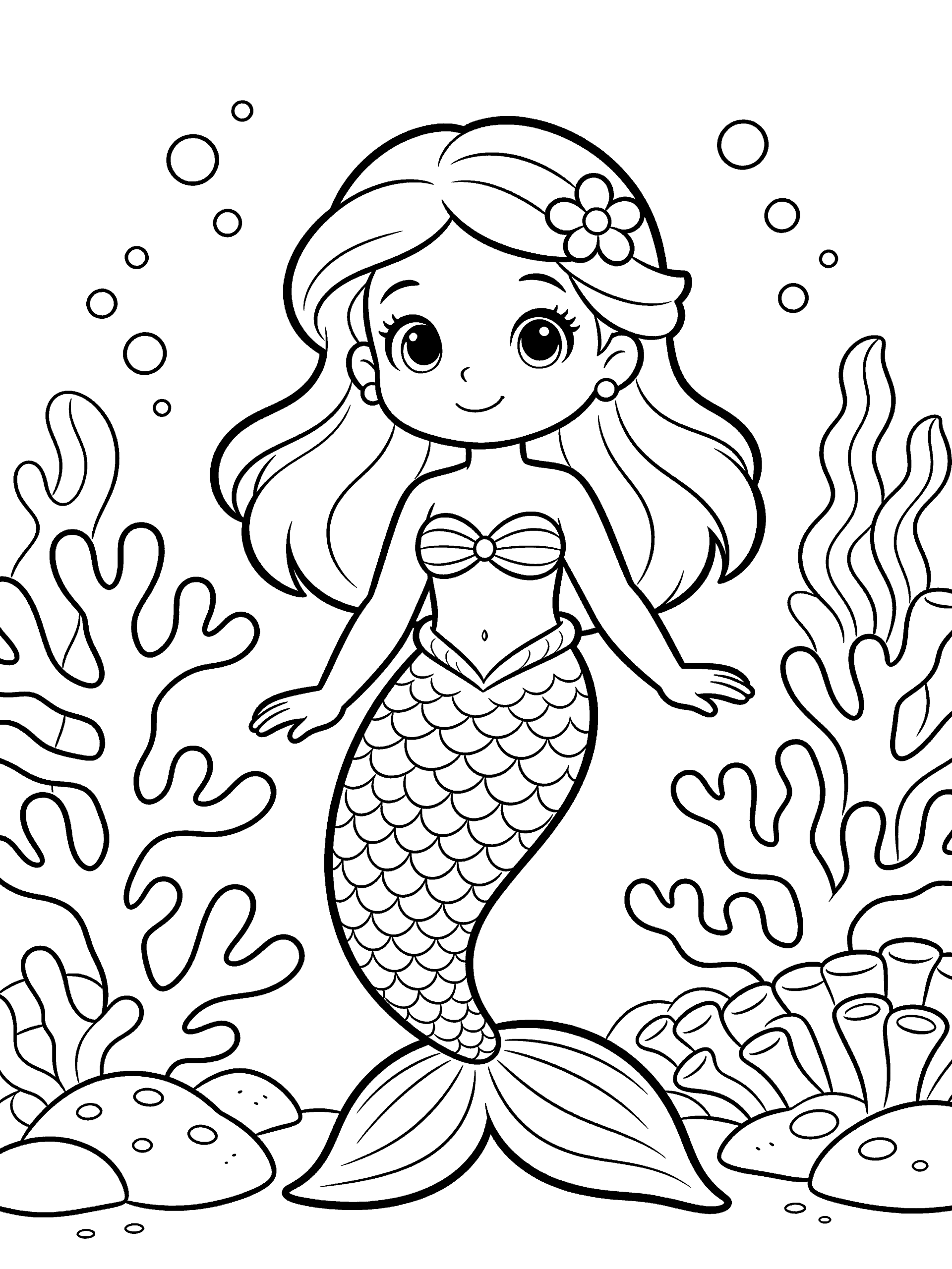 Mermaid Near Coral Reef Coloring Page – free printable black and white line art