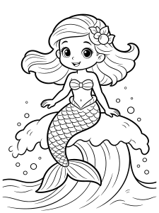 Mermaid Riding a Wave Coloring Page – free printable black and white line art