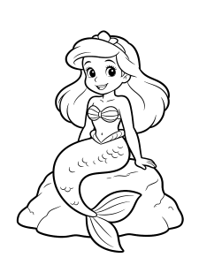 Mermaid Sitting on a Coloring Page – free printable black and white line art