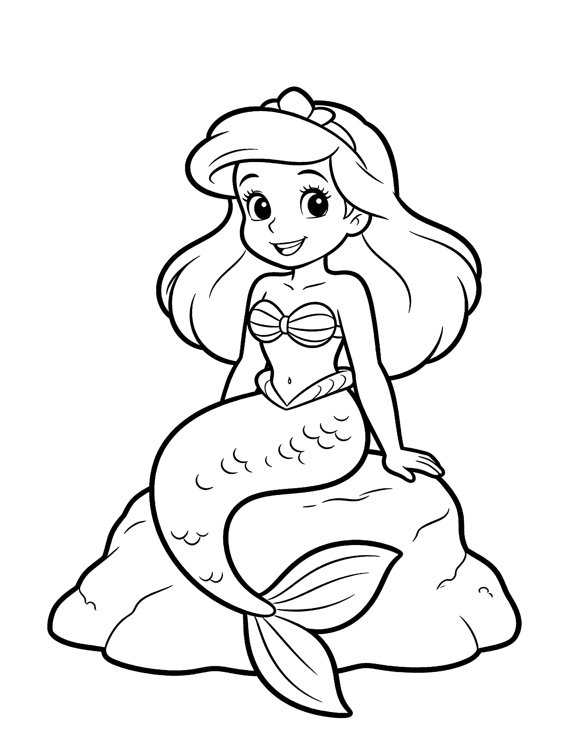 Mermaid Sitting on a Coloring Page – free printable black and white line art
