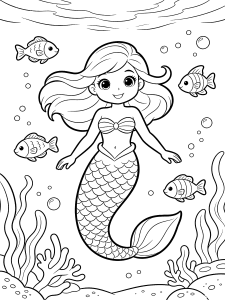 Mermaid Swimming with Fish Coloring Page – free printable black and white line art