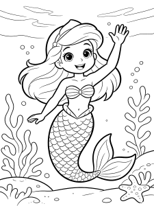 Mermaid Waving Underwater Coloring Page – free printable black and white line art
