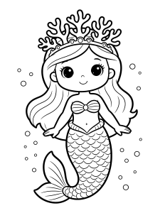 Mermaid with a Coral Coloring Page – free printable black and white line art