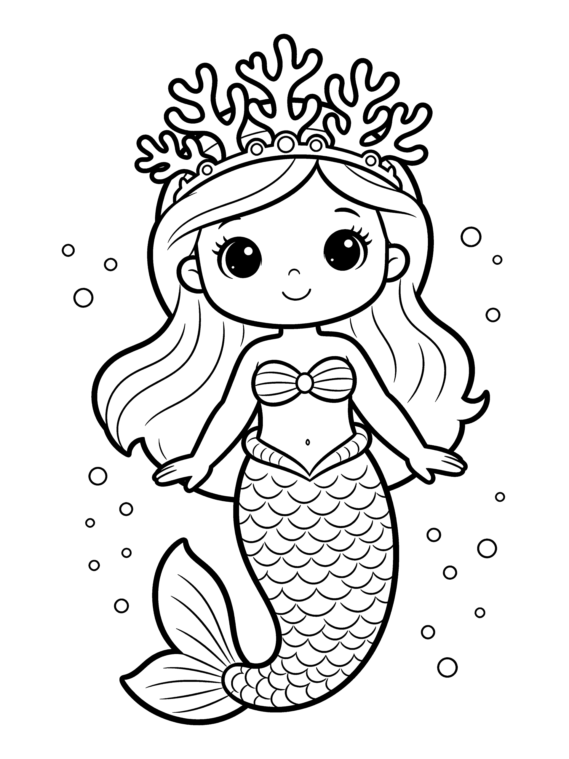 Mermaid with a Coral Coloring Page – free printable black and white line art