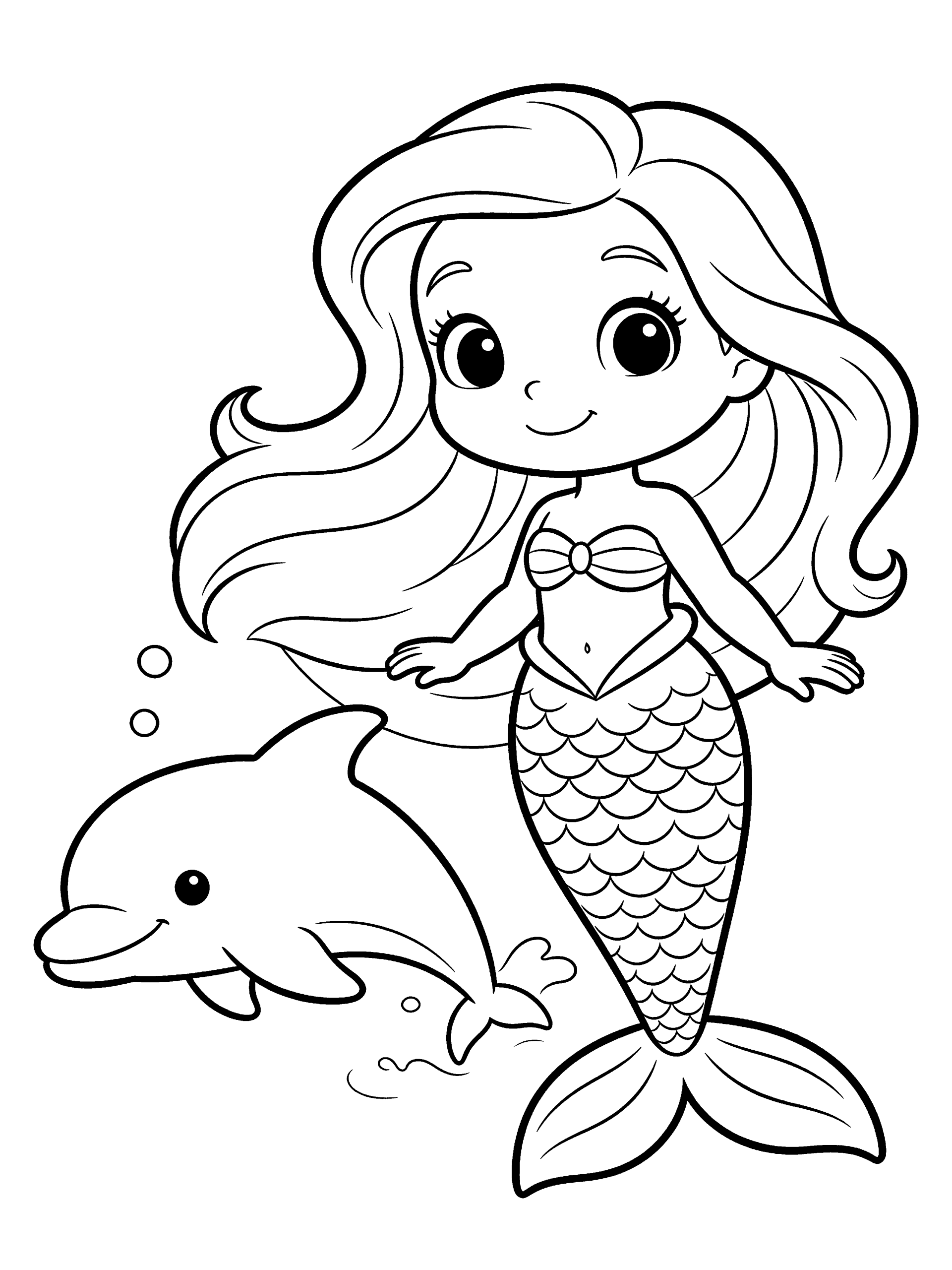 Mermaid with a Dolphin Coloring Page – free printable black and white line art