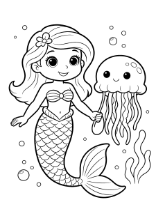 Mermaid with a Jellyfish Coloring Page – free printable black and white line art