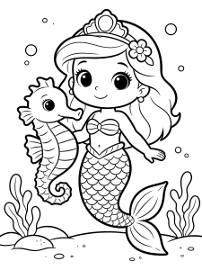 Mermaid with a Seahorse Coloring Page – free printable black and white line art