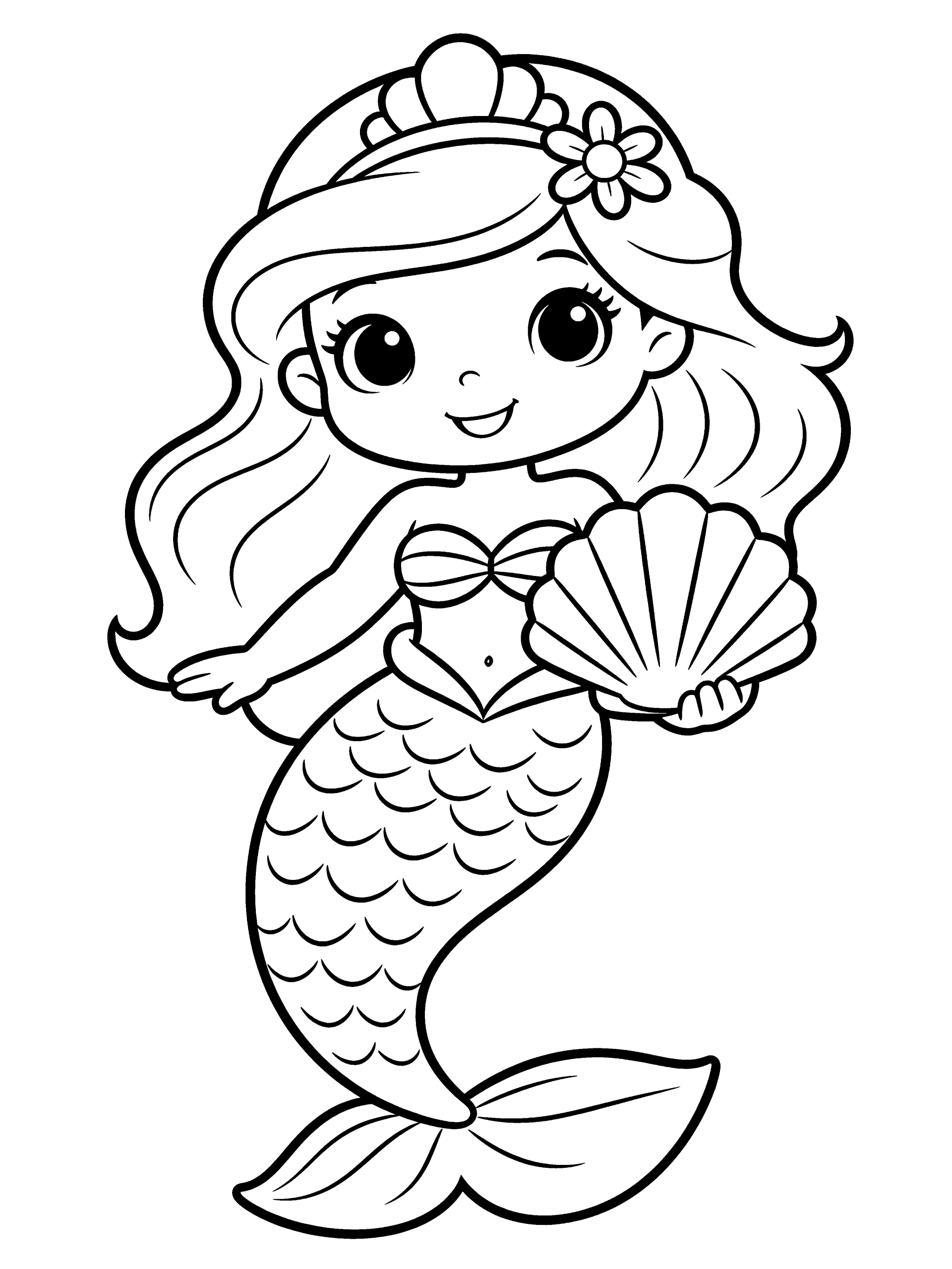 Mermaid with a Seashell Coloring Page – free printable black and white line art